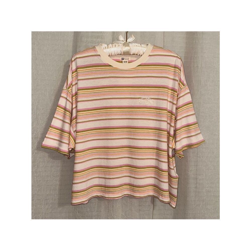 Billabong XS Crew Ivory Pink Green Striped Oversized Short Sleeve Cropped Tee